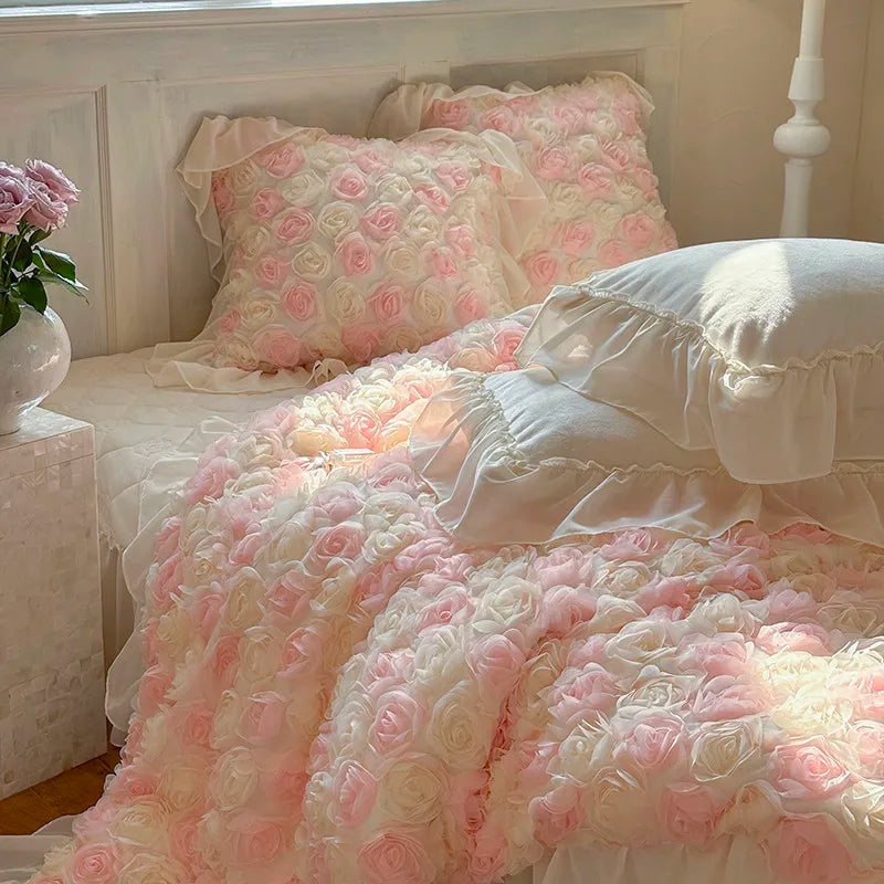 Velvet beige duvet cover with ruffled lace trim for timeless French country bedroom