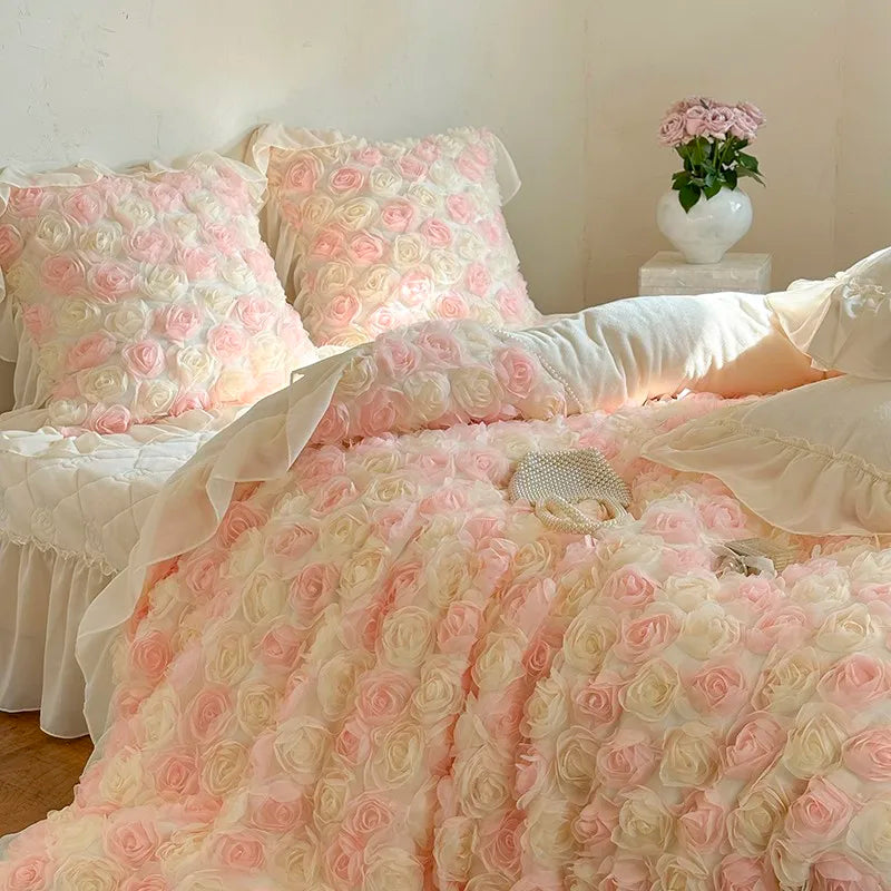 Romantic bedroom with blush pink cottagecore floral bedding set - velvet duvet cover with patchwork rosettes and ruffled lace trim