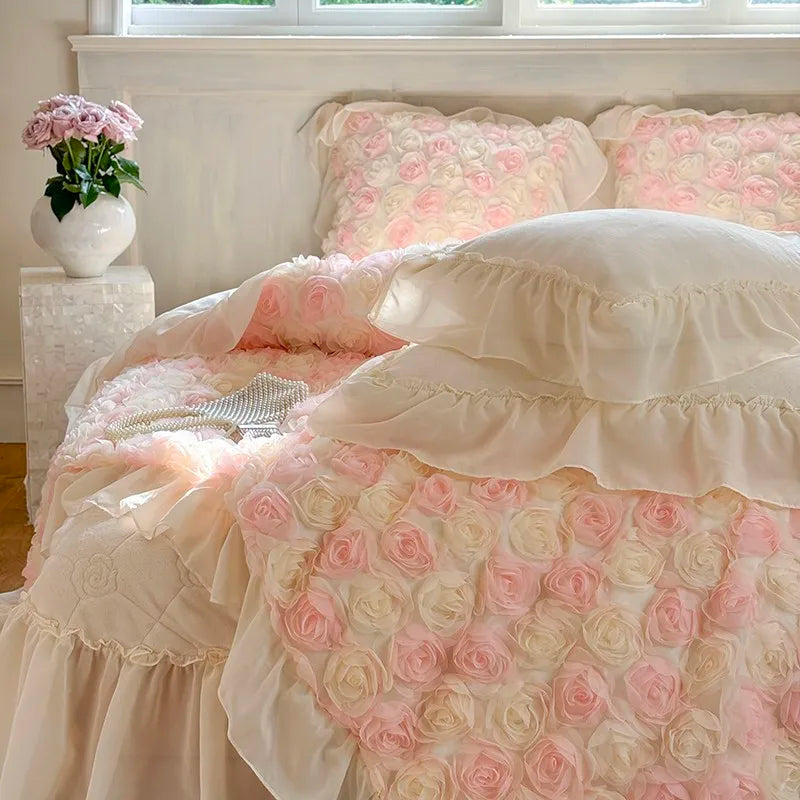 floral velvet bedding set with ruffled lace details for cottage bedroom interiors