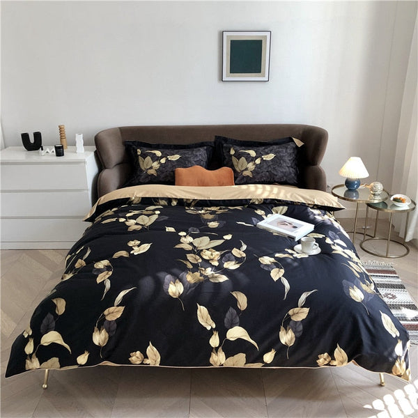 Golden Leaves Black Duvet Cover Set – 100% Egyptian Cotton, Ultra-Soft & Breathable (4-Piece Set) + FREE Gift! - LINKORI
