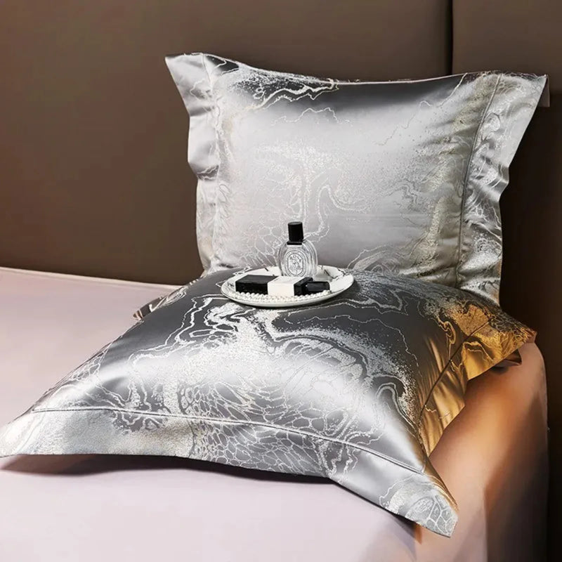 Silver Grey Jacquard Duvet Cover Set - Luxury Egyptian Cotton Bedding 4/6-Piece Set | LINKORI The Royal Silver