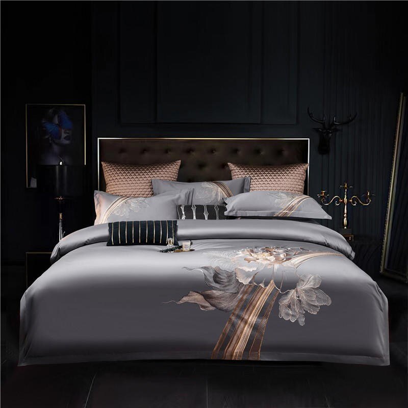 Liliflo Luxury Embroidered Grey Duvet Cover Set – 100% Egyptian Cotton, Ultra-Soft & Elegant (4-Piece Set) + FREE Gift!
