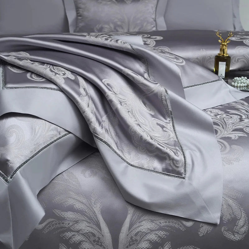 Lavender Grey Damask Duvet Cover Set - Luxury 1000TC Egyptian Cotton Satin Bedding 4/7-Piece Set | LINKORI Florad Grey