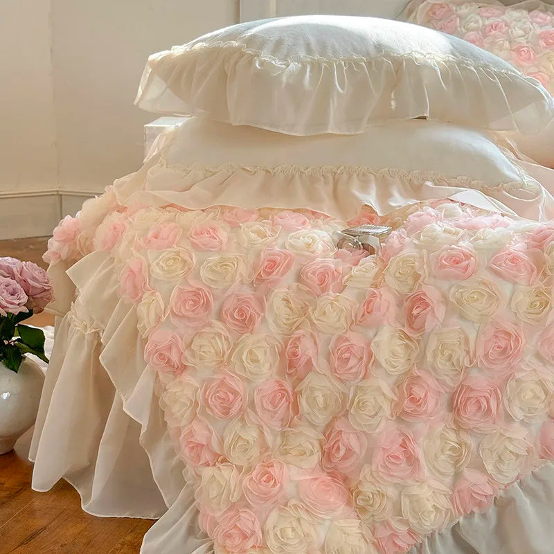 Princess-style ivory velvet and rose floral duvet cover set for romantic bridal suite