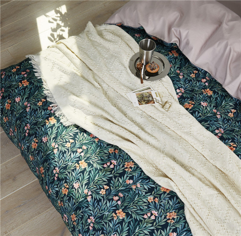 Macro view of floral duvet cover with inner lining exposed – showing teal exterior and soft neutral interior | LINKORI On the Grass