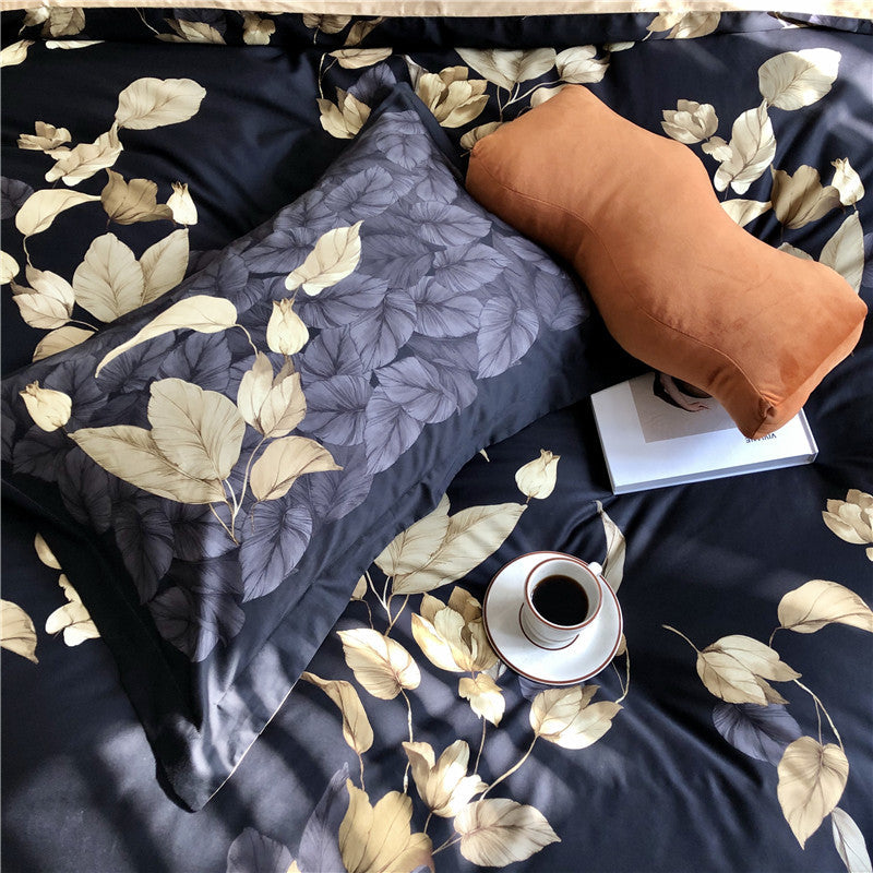 Golden Leaves Black Duvet Cover Set – 100% Egyptian Cotton, Ultra-Soft & Breathable (4-Piece Set) + FREE Gift! - LINKORI
