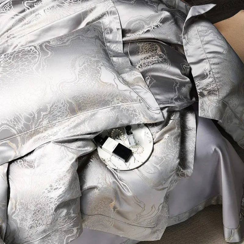 Silver Grey Jacquard Duvet Cover Set - Luxury Egyptian Cotton Bedding 4/6-Piece Set | LINKORI The Royal Silver