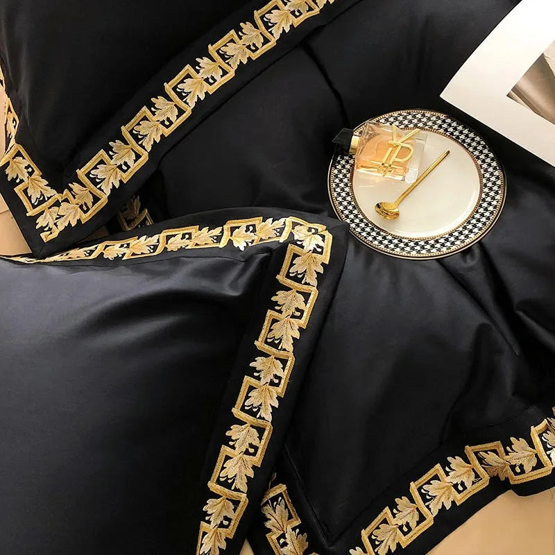 Statement black & gold embroidered bedding set, leaf design on Egyptian cotton, luxury duvet cover for elegant modern bedrooms – LINKORI Blacklabel