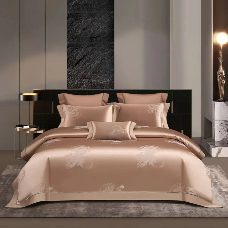 Rose Gold Floral Satin Duvet Cover Set - Luxury 1000TC Egyptian Cotton Bedding 4/7-Piece Set | LINKORI Florad Rose Gold