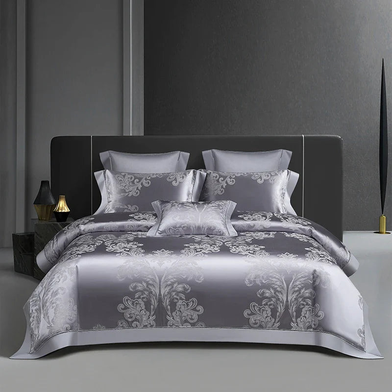 Lavender Grey Damask Duvet Cover Set - Luxury 1000TC Egyptian Cotton Satin Bedding 4/7-Piece Set | LINKORI Florad Grey