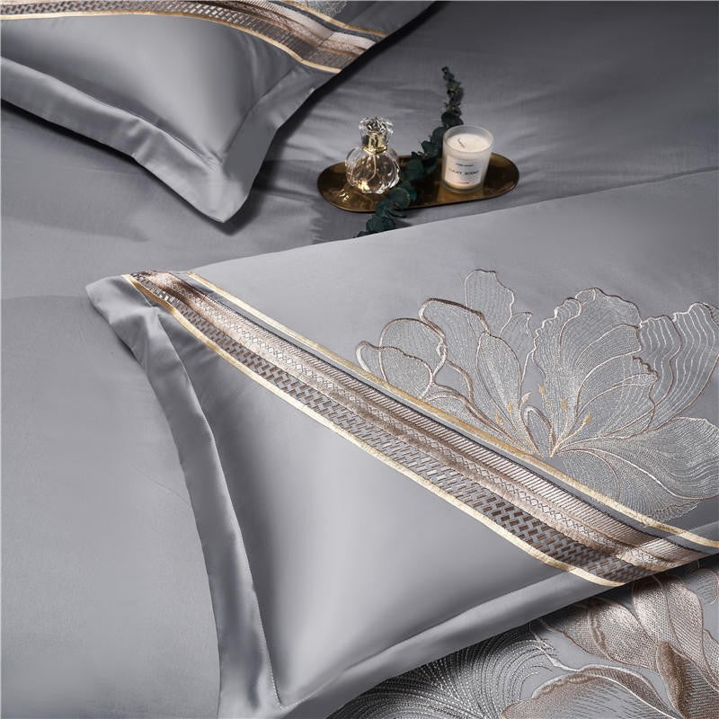 Liliflo Luxury Embroidered Grey Duvet Cover Set – 100% Egyptian Cotton, Ultra-Soft & Elegant (4-Piece Set) + FREE Gift!