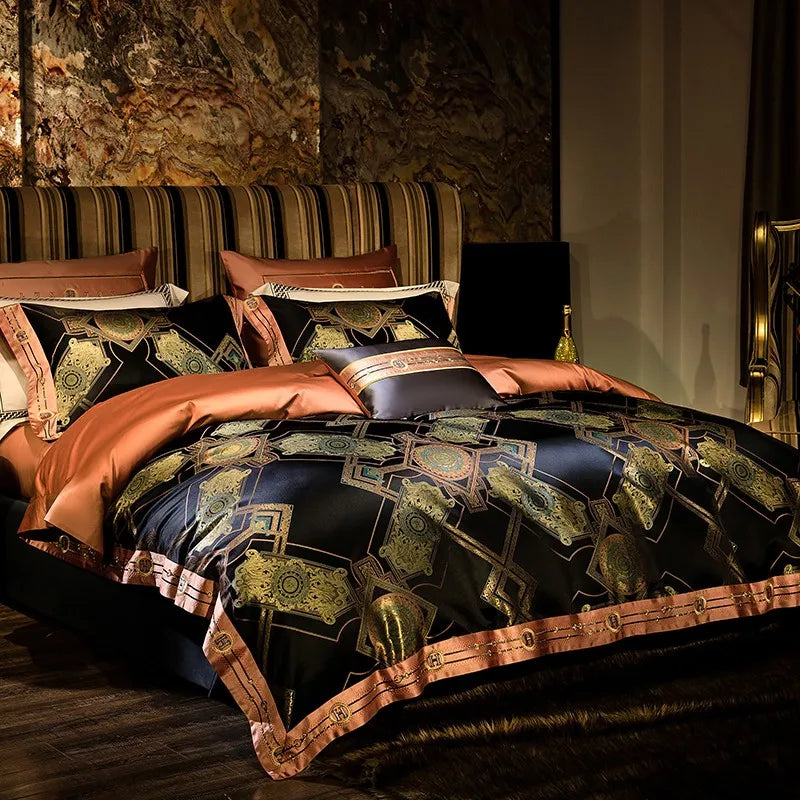 Black & Gold Baroque Satin Jacquard Bedding – Egyptian Cotton Satin Duvet Cover 4-Piece Set | LINKORI Royal H. Black