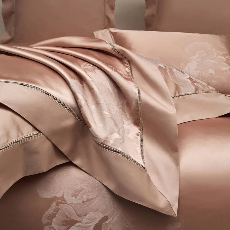 Rose Gold Floral Satin Duvet Cover Set - Luxury 1000TC Egyptian Cotton Bedding 4/7-Piece Set | LINKORI Florad Rose Gold
