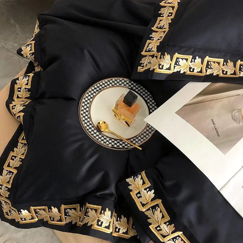 Modern bedroom featuring black & gold embroidered duvet cover set – LINKORI Blacklabel