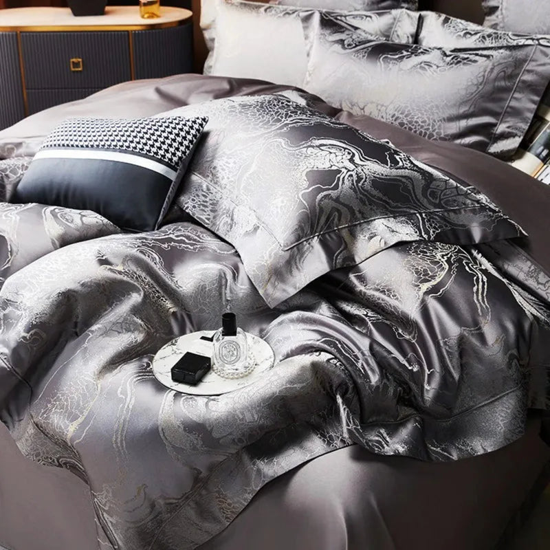 Deep Grey Jacquard Duvet Cover Set - Luxury Egyptian Cotton Bedding 4/6-Piece Set | LINKORI The Royal Deep Grey