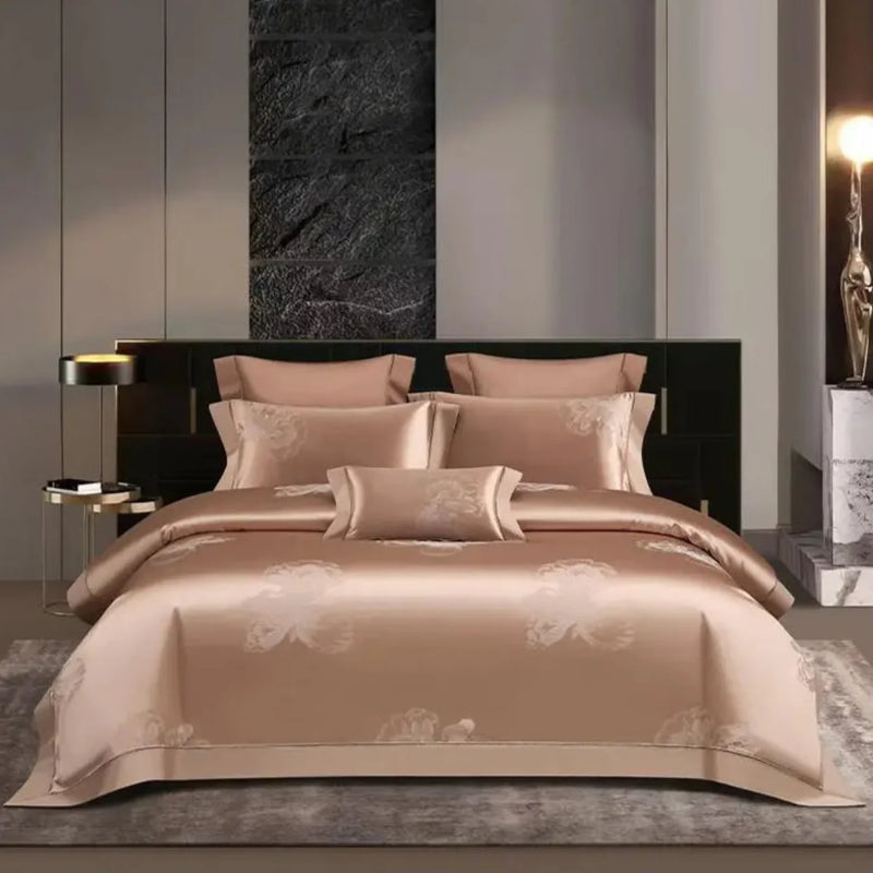 Rose Gold Floral Satin Duvet Cover Set - Luxury 1000TC Egyptian Cotton Bedding 4/7-Piece Set | LINKORI Florad Rose Gold