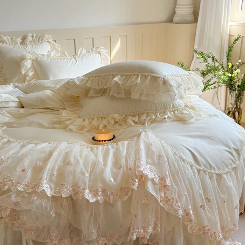 Close-up of lace duvet cover with ruffles, floral embroidery, and pearl appliqué — 100% cotton 600TC
