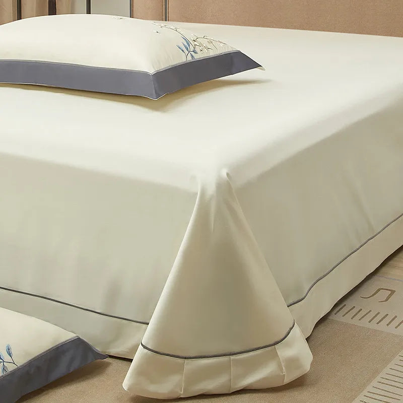 Grey & Ivory Floral Leaf Embroidered Bedding – Luxury Egyptian Cotton Duvet Cover Set 4/7-Piece | LINKORI Opuflo