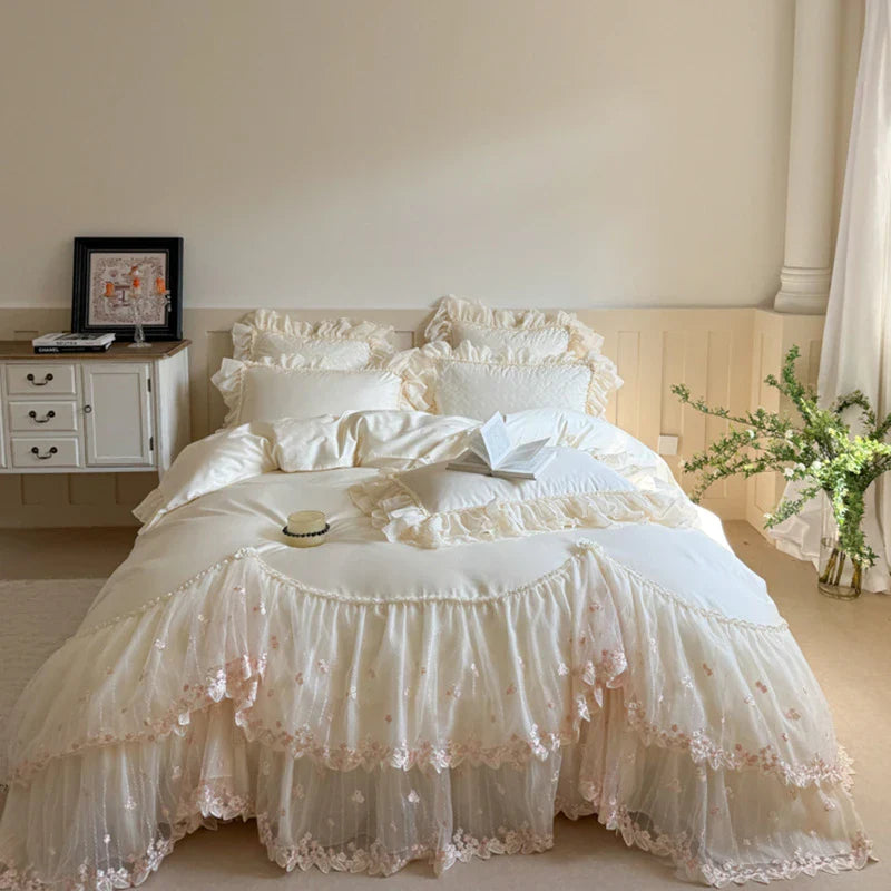 Ivory cottagecore lace bedding, 4-piece with heart-quilted bedspread and lace hem — LINKORI Aurace White — beige bedroom