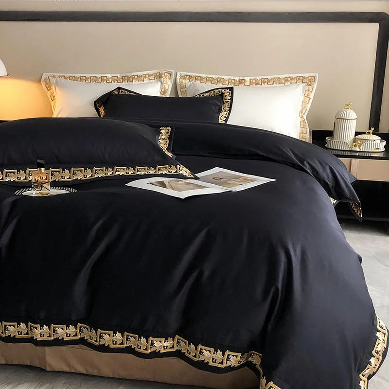 Luxury black & gold bedding with detailed embroidery, Egyptian cotton duvet cover set for elegant contemporary bedrooms – LINKORI Blacklabel