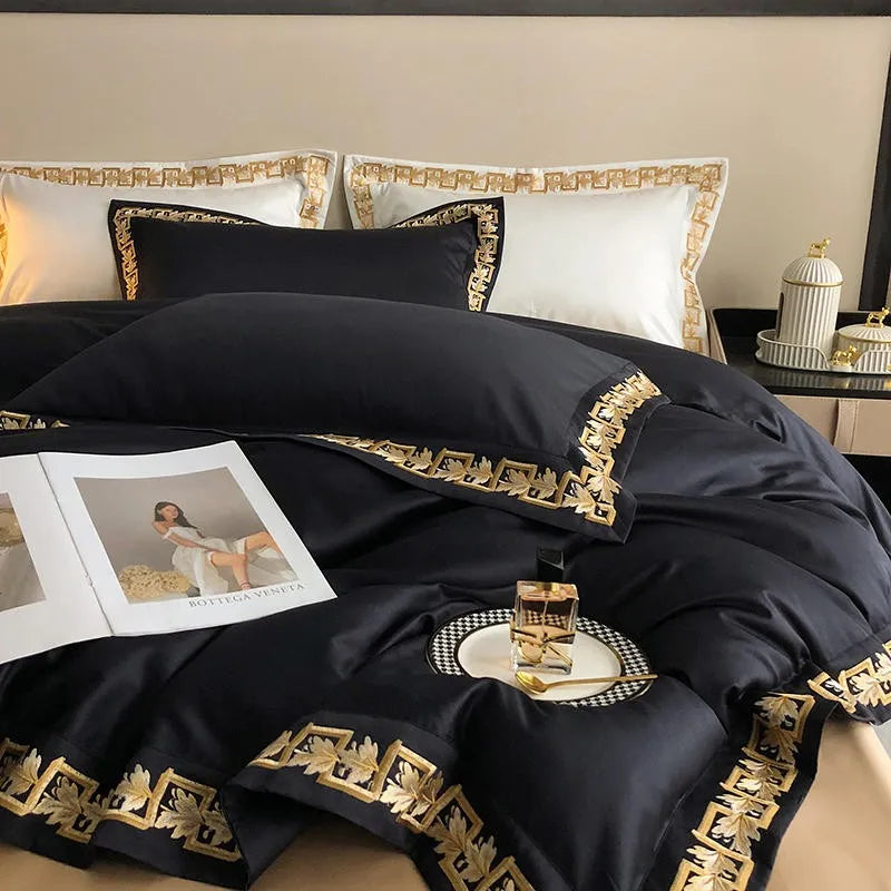 Elegant black & gold bedding with leaf embroidery, premium Egyptian cotton duvet cover set for luxury modern bedrooms – LINKORI Blacklabel