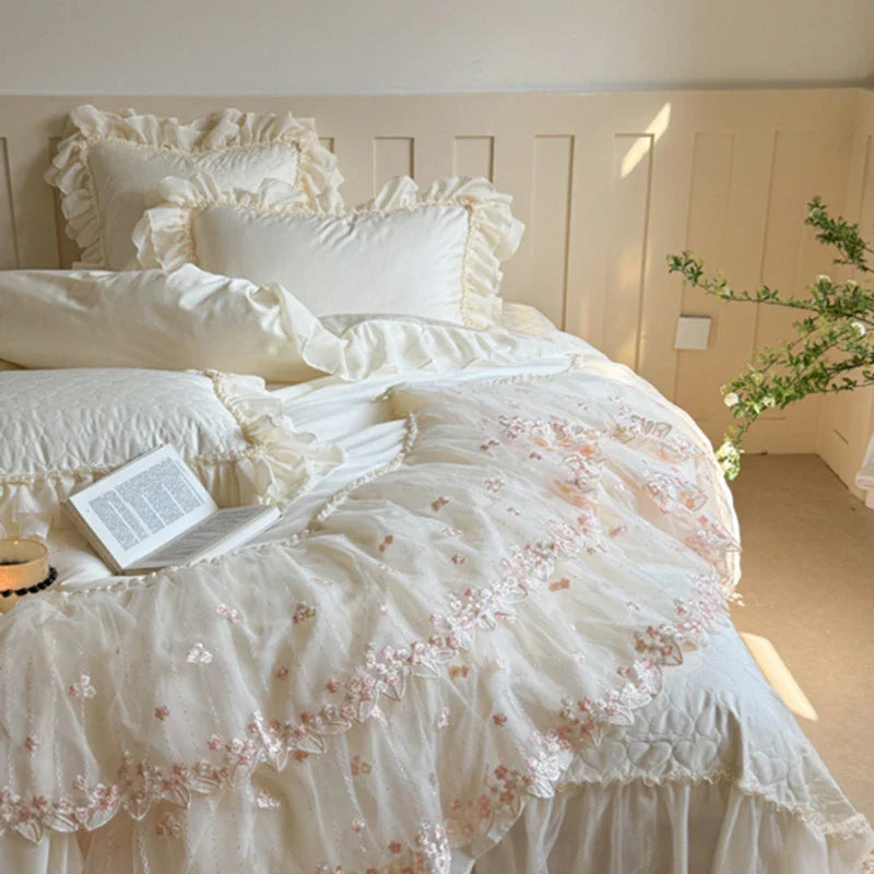 Ivory lace bedding set with cottagecore ruffles, heart-quilted bedspread — 100% cotton 600TC — neutral bedroom