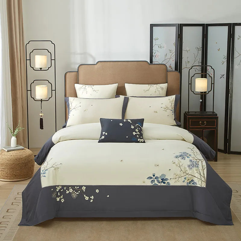 Grey & Ivory Floral Leaf Embroidered Bedding – Luxury Egyptian Cotton Duvet Cover Set 4/7-Piece | LINKORI Opuflo