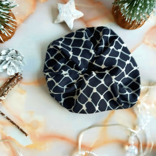 "Sage" Black & Cream Net Print Hair Scrunchie