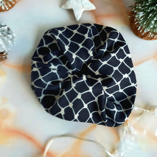 "Sage" Black & Cream Net Print Hair Scrunchie