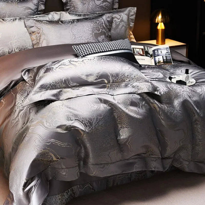 Deep Grey Jacquard Duvet Cover Set - Luxury Egyptian Cotton Bedding 4/6-Piece Set | LINKORI The Royal Deep Grey