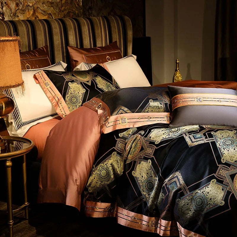 Black & Gold Baroque Satin Jacquard Bedding – Egyptian Cotton Satin Duvet Cover 4-Piece Set | LINKORI Royal H. Black
