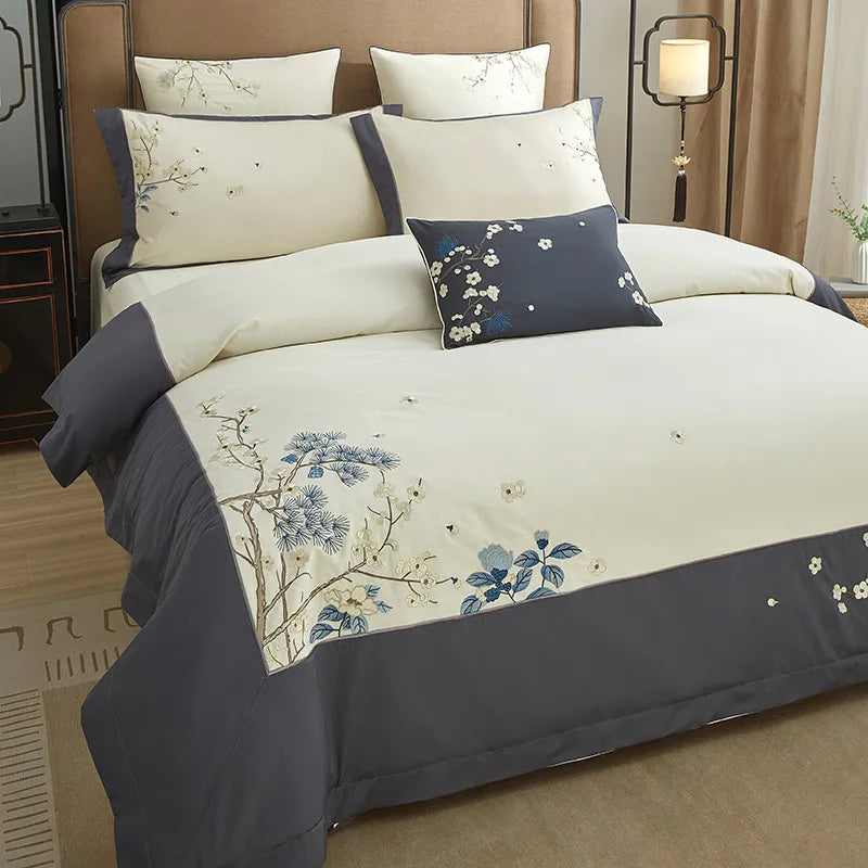 Grey & Ivory Floral Leaf Embroidered Bedding – Luxury Egyptian Cotton Duvet Cover Set 4/7-Piece | LINKORI Opuflo