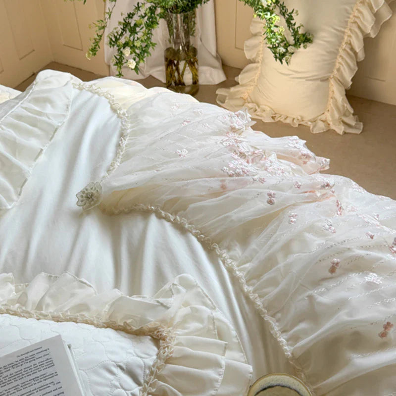 Sheer scalloped lace hem with embroidered blossoms, soft-white ruffles — LINKORI Aurace White — minimalist bedroom