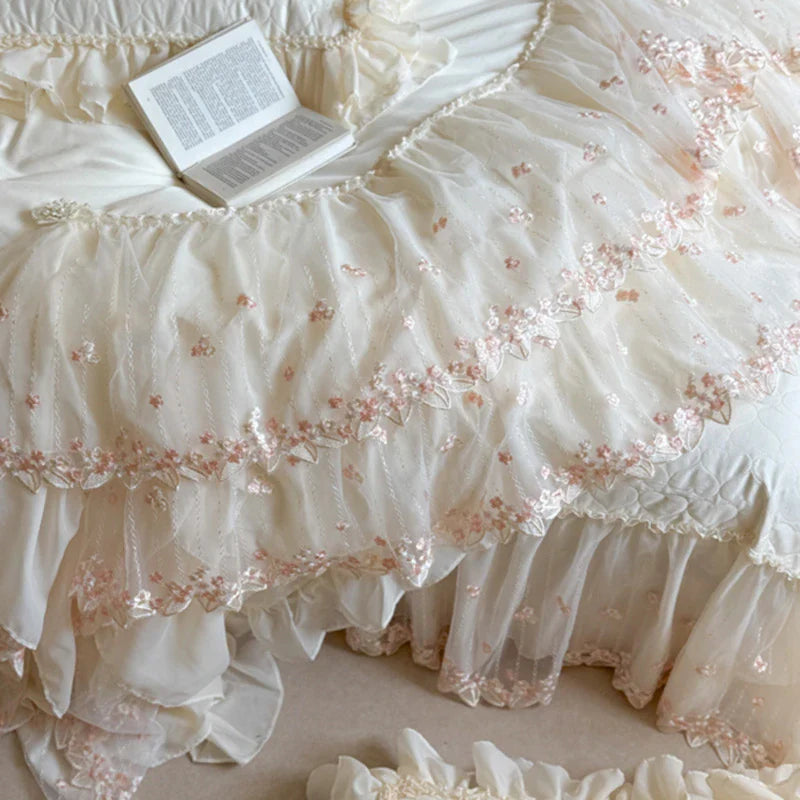 Two-tier ruffle lace with floral embroidery, layered scallops — 100% cotton 600TC —Elegant bedroom