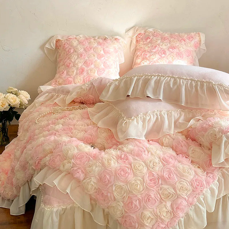 Blush pink rosette patchwork duvet cover with velvet shams and scalloped lace hem — luxury romantic bedroom setting.