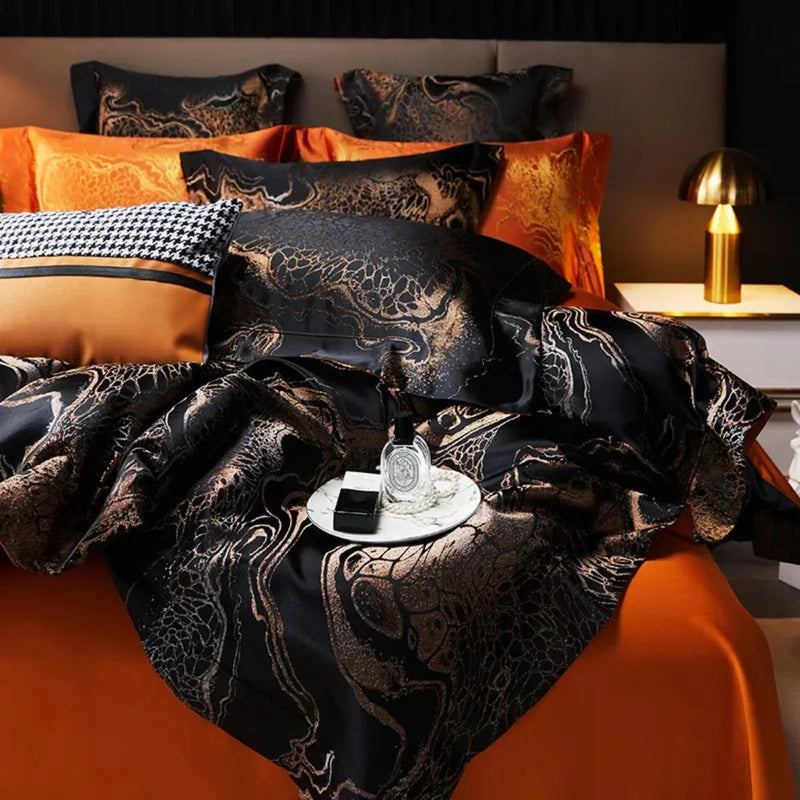 Black Jacquard Duvet Cover Set - Luxury Egyptian Cotton Bedding 4/6-Piece Set | LINKORI The Royal Black