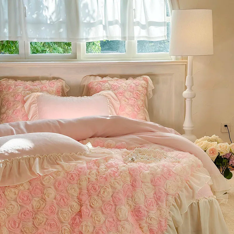 Blush pink floral bedding set with tatting lace trim, velvet shams, and rose patchwork — cottagecore bedroom styling.