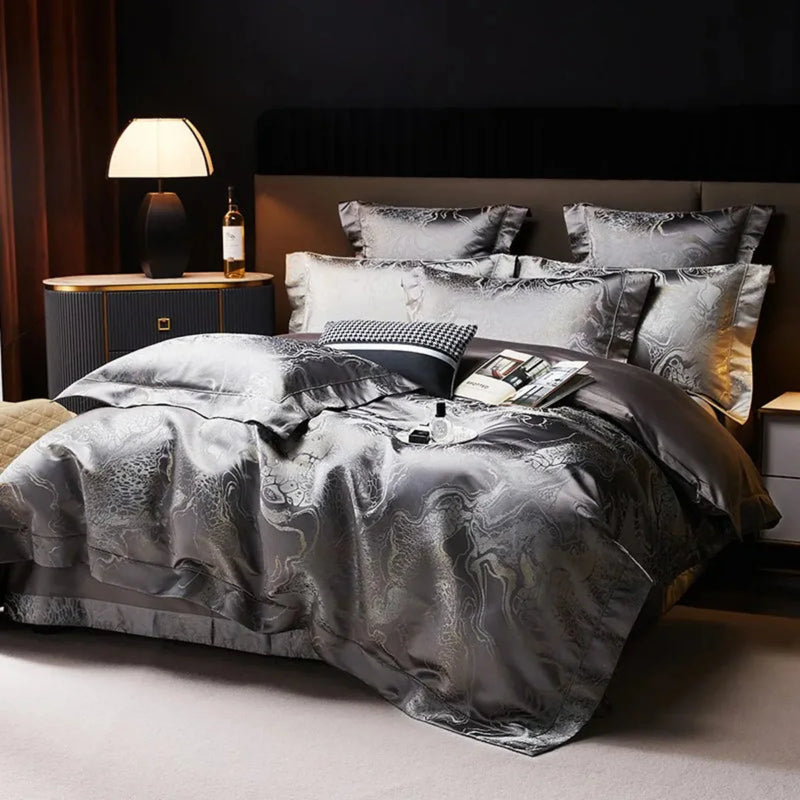 Deep Grey Jacquard Duvet Cover Set - Luxury Egyptian Cotton Bedding 4/6-Piece Set | LINKORI The Royal Deep Grey