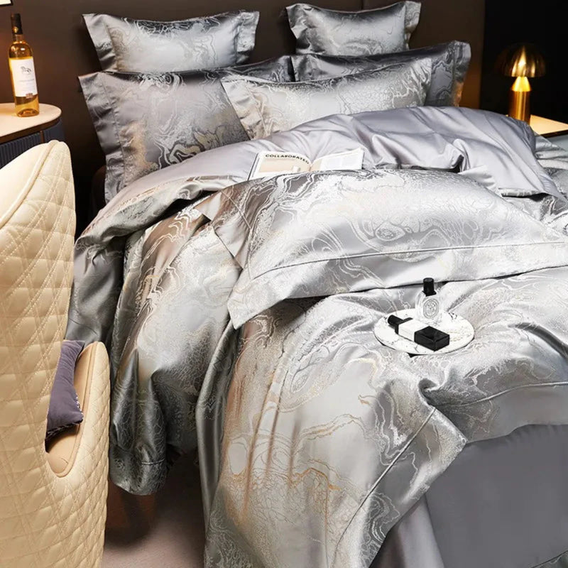 Silver Grey Jacquard Duvet Cover Set - Luxury Egyptian Cotton Bedding 4/6-Piece Set | LINKORI The Royal Silver