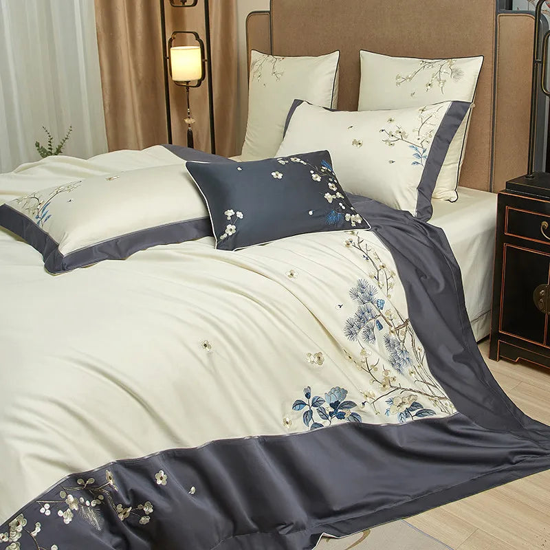 Grey & Ivory Floral Leaf Embroidered Bedding – Luxury Egyptian Cotton Duvet Cover Set 4/7-Piece | LINKORI Opuflo