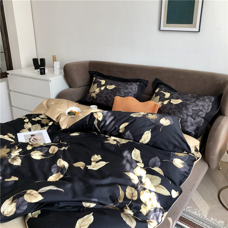 Golden Leaves Black Duvet Cover Set – 100% Egyptian Cotton, Ultra-Soft & Breathable (4-Piece Set) + FREE Gift! - LINKORI