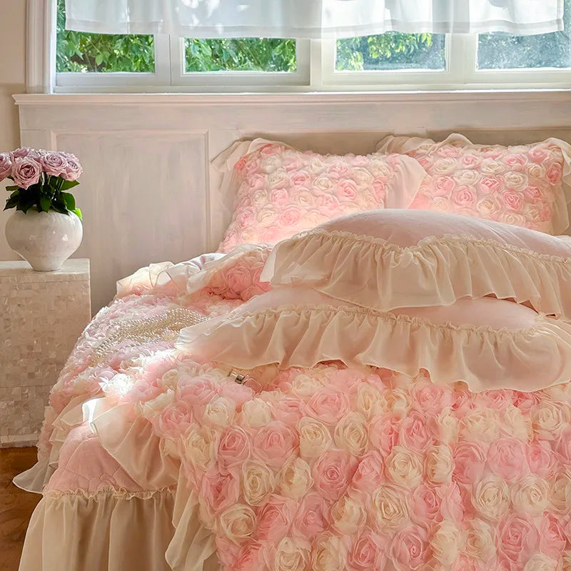 Romantic floral rosette bedding set in blush pink velvet with ivory lace trim and quilted sheet — neutral bedroom interior.