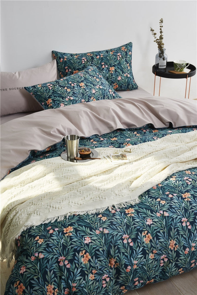 Botanical Green Bedding – 100% Egyptian Cotton Duvet Cover 4-Piece Set | LINKORI On the Grass