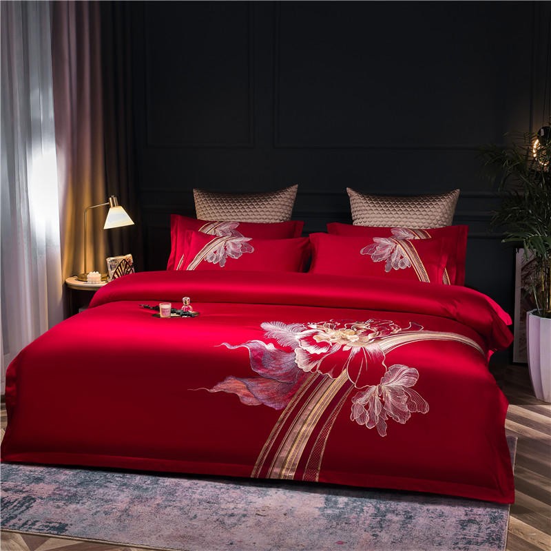 Liliflo Luxury Embroidered Red Duvet Cover Set – 100% Egyptian Cotton, Ultra-Soft & Elegant (4-Piece Set) + FREE Gift!