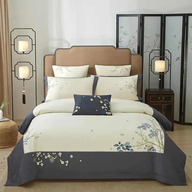 Grey & Ivory Floral Leaf Embroidered Bedding – Luxury Egyptian Cotton Duvet Cover Set 4/7-Piece | LINKORI Opuflo