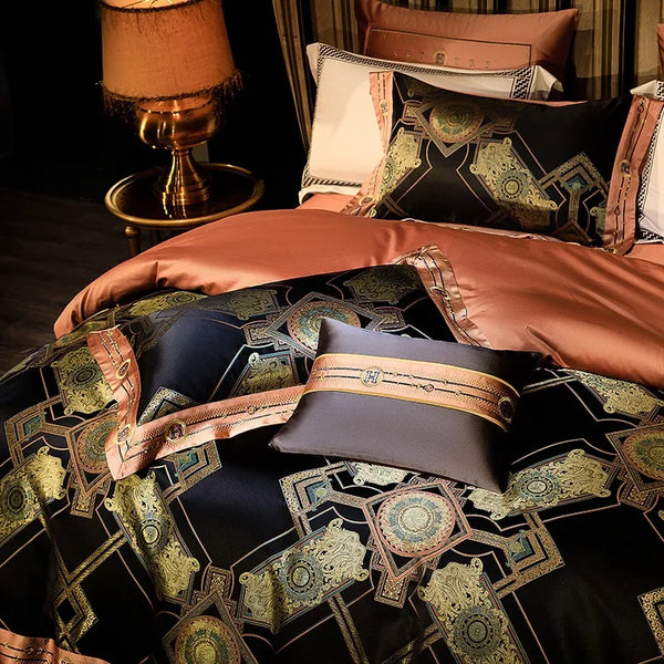 Black & Gold Baroque Satin Jacquard Bedding – Egyptian Cotton Satin Duvet Cover 4-Piece Set | LINKORI Royal H. Black
