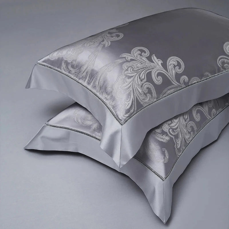 Lavender Grey Damask Duvet Cover Set - Luxury 1000TC Egyptian Cotton Satin Bedding 4/7-Piece Set | LINKORI Florad Grey