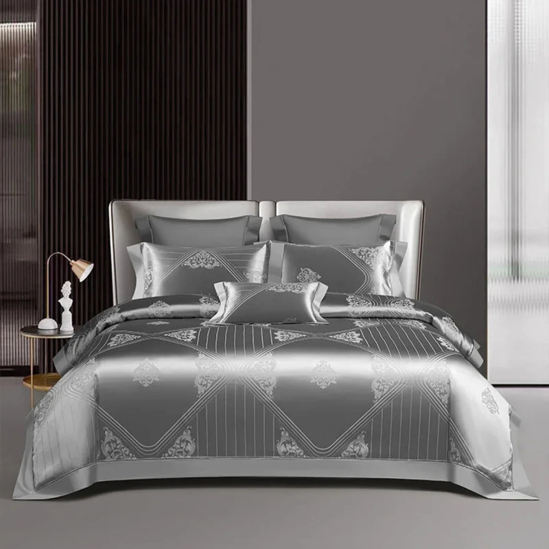 Silver Art Deco Geometric Duvet Cover Set - Luxury 1000TC Egyptian Cotton Satin Bedding 4/7-Piece Set | LINKORI Metalad Silver