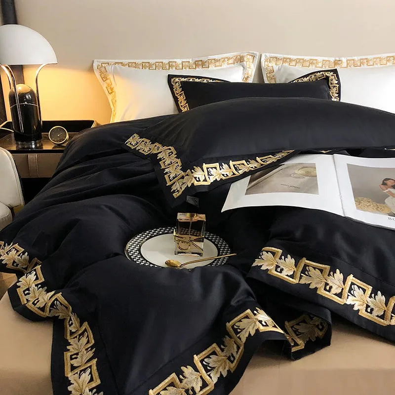 black & gold bedding with leaf embroidery, Egyptian cotton duvet cover set 4-piece for modern bedrooms