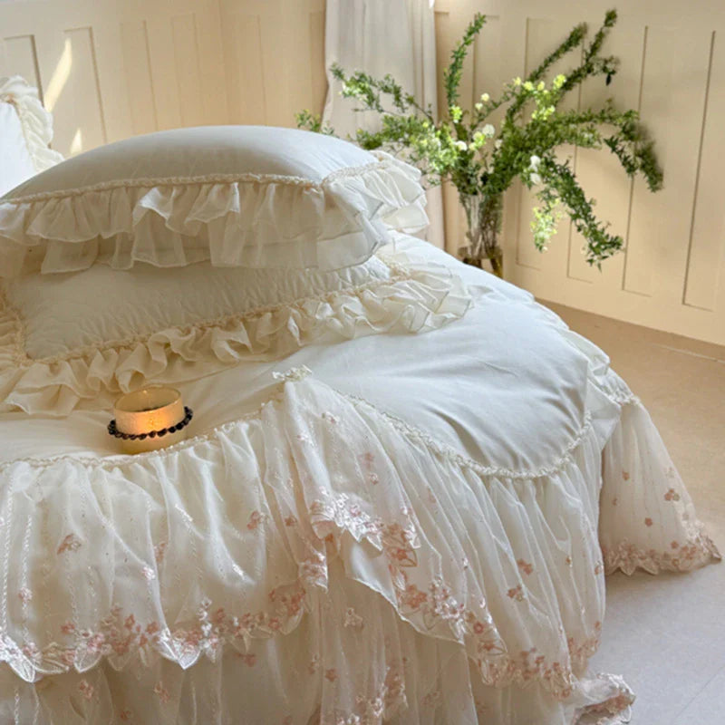 Lace and pillow close-up, pleated ruffles, scalloped edging — 100% cotton 600TC — cottagecore bedroom